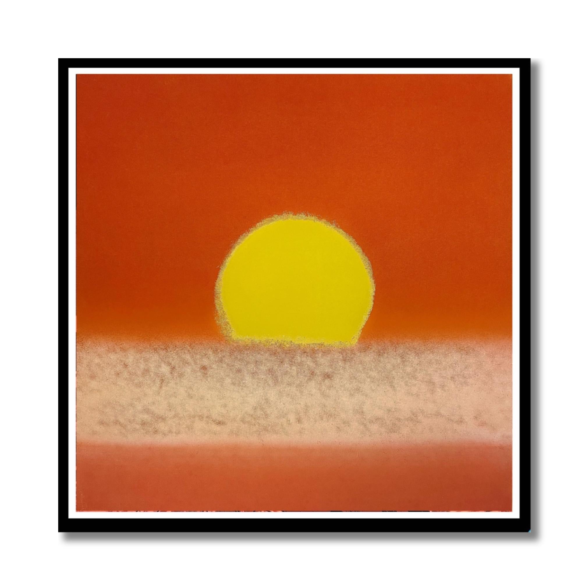 Surrealistic depiction of a sun setting over a flat landscape with a black frame.